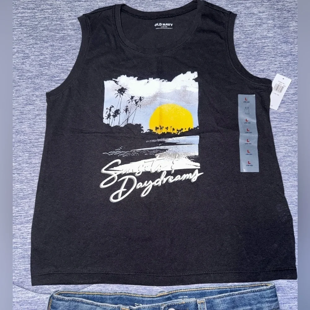 Girls Black Graphic Tank Top and Denim Shorts Set 10/12